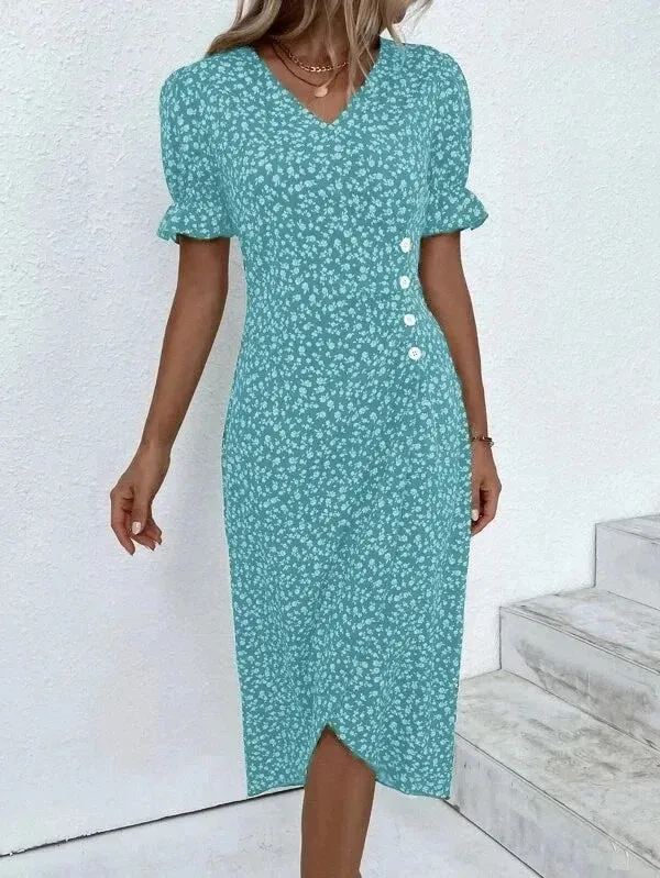 2023 Autumn Floral Bodycon Midi Dress For Women V Neck Long Sleeve Ruched Slim Fit Dresses Female Sexy Vestido Robe