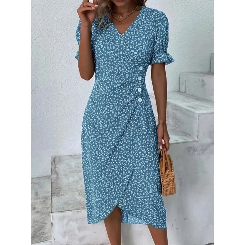 2023 Autumn Floral Bodycon Midi Dress For Women V Neck Long Sleeve Ruched Slim Fit Dresses Female Sexy Vestido Robe