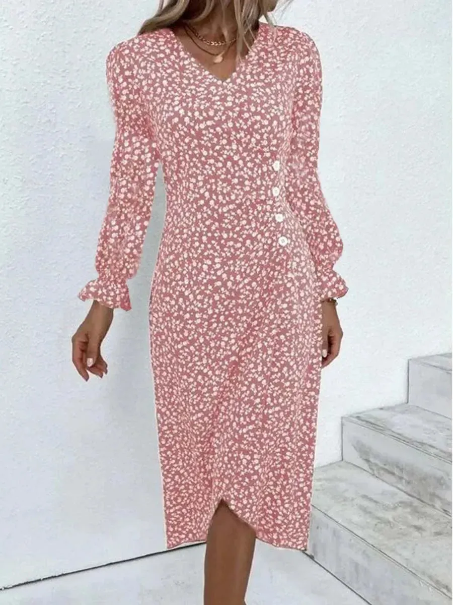 2023 Autumn Floral Bodycon Midi Dress For Women V Neck Long Sleeve Ruched Slim Fit Dresses Female Sexy Vestido Robe