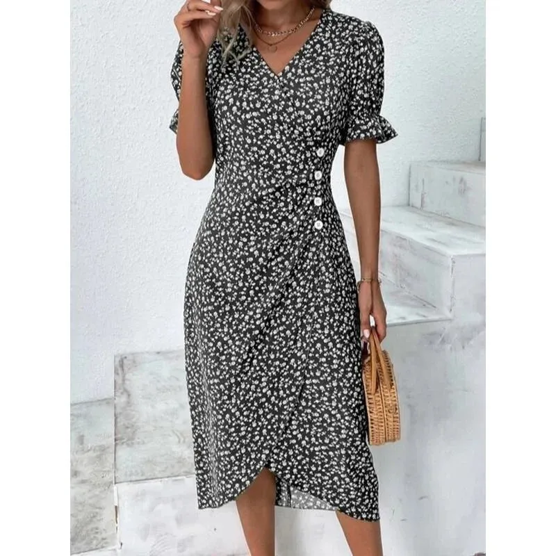 2023 Autumn Floral Bodycon Midi Dress For Women V Neck Long Sleeve Ruched Slim Fit Dresses Female Sexy Vestido Robe
