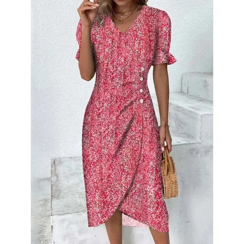 2023 Autumn Floral Bodycon Midi Dress For Women V Neck Long Sleeve Ruched Slim Fit Dresses Female Sexy Vestido Robe