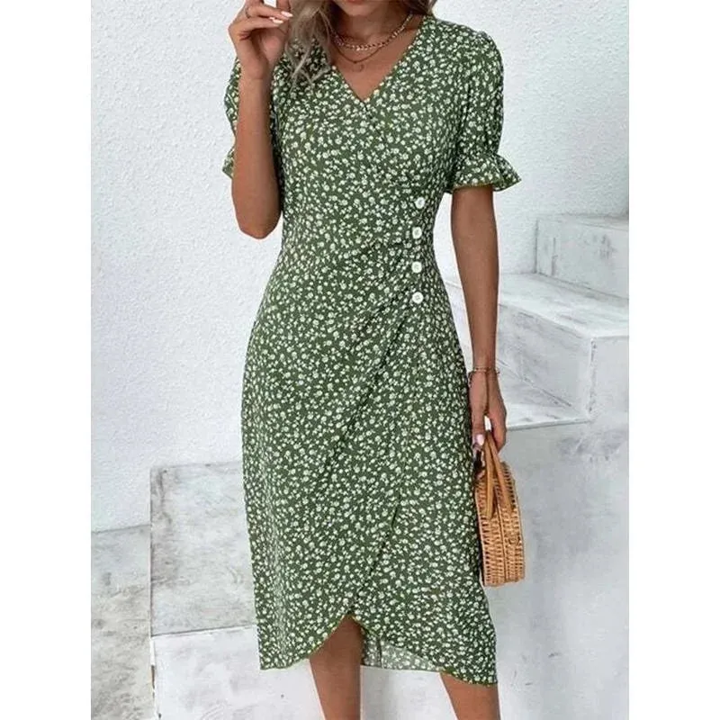 2023 Autumn Floral Bodycon Midi Dress For Women V Neck Long Sleeve Ruched Slim Fit Dresses Female Sexy Vestido Robe
