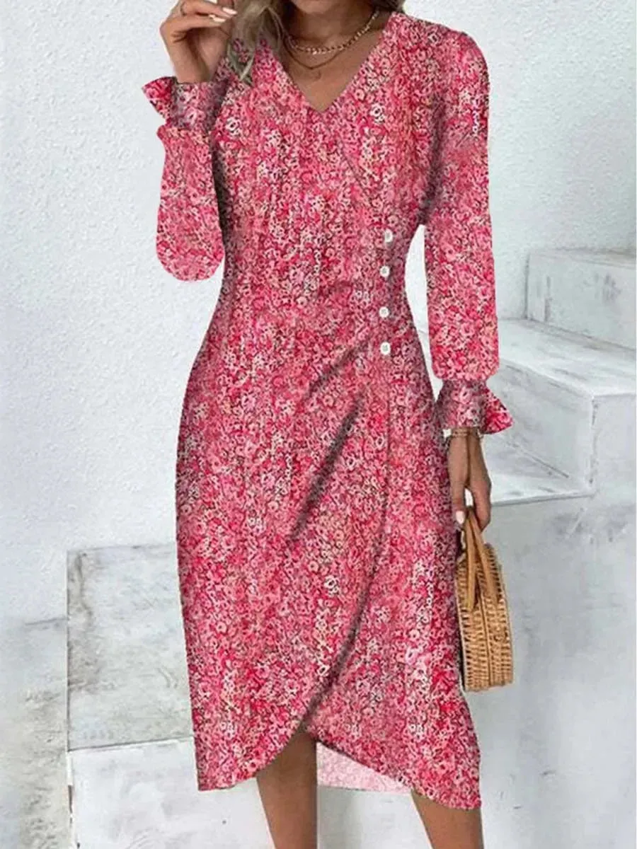 2023 Autumn Floral Bodycon Midi Dress For Women V Neck Long Sleeve Ruched Slim Fit Dresses Female Sexy Vestido Robe