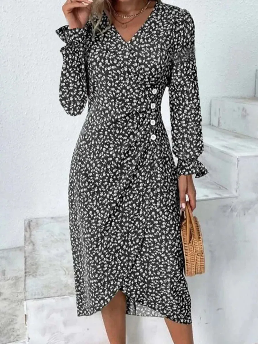 2023 Autumn Floral Bodycon Midi Dress For Women V Neck Long Sleeve Ruched Slim Fit Dresses Female Sexy Vestido Robe