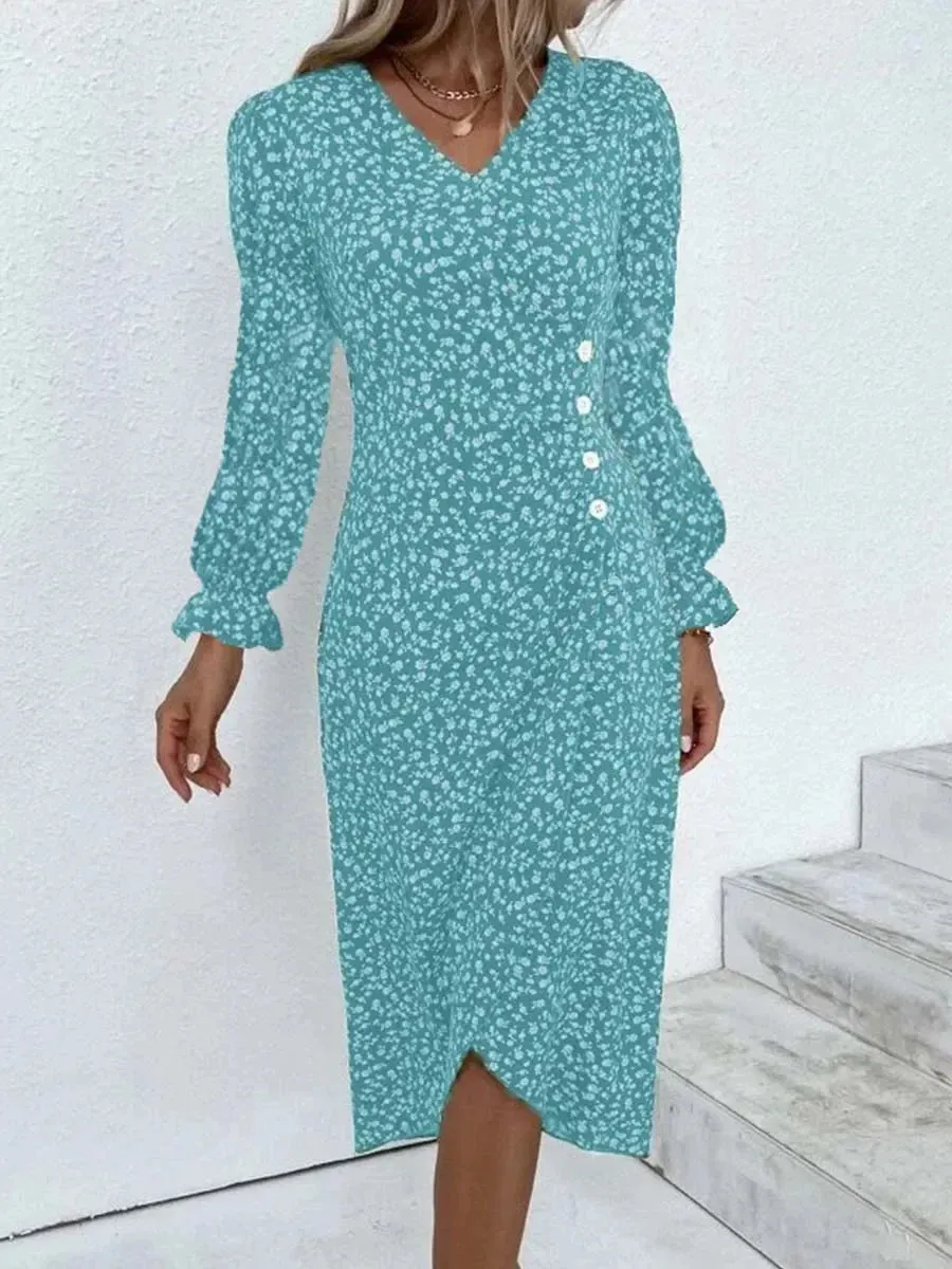 2023 Autumn Floral Bodycon Midi Dress For Women V Neck Long Sleeve Ruched Slim Fit Dresses Female Sexy Vestido Robe