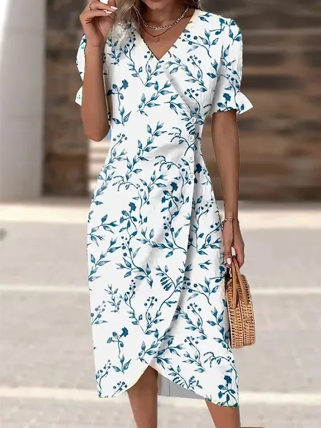 2023 Autumn Floral Bodycon Midi Dress For Women V Neck Long Sleeve Ruched Slim Fit Dresses Female Sexy Vestido Robe
