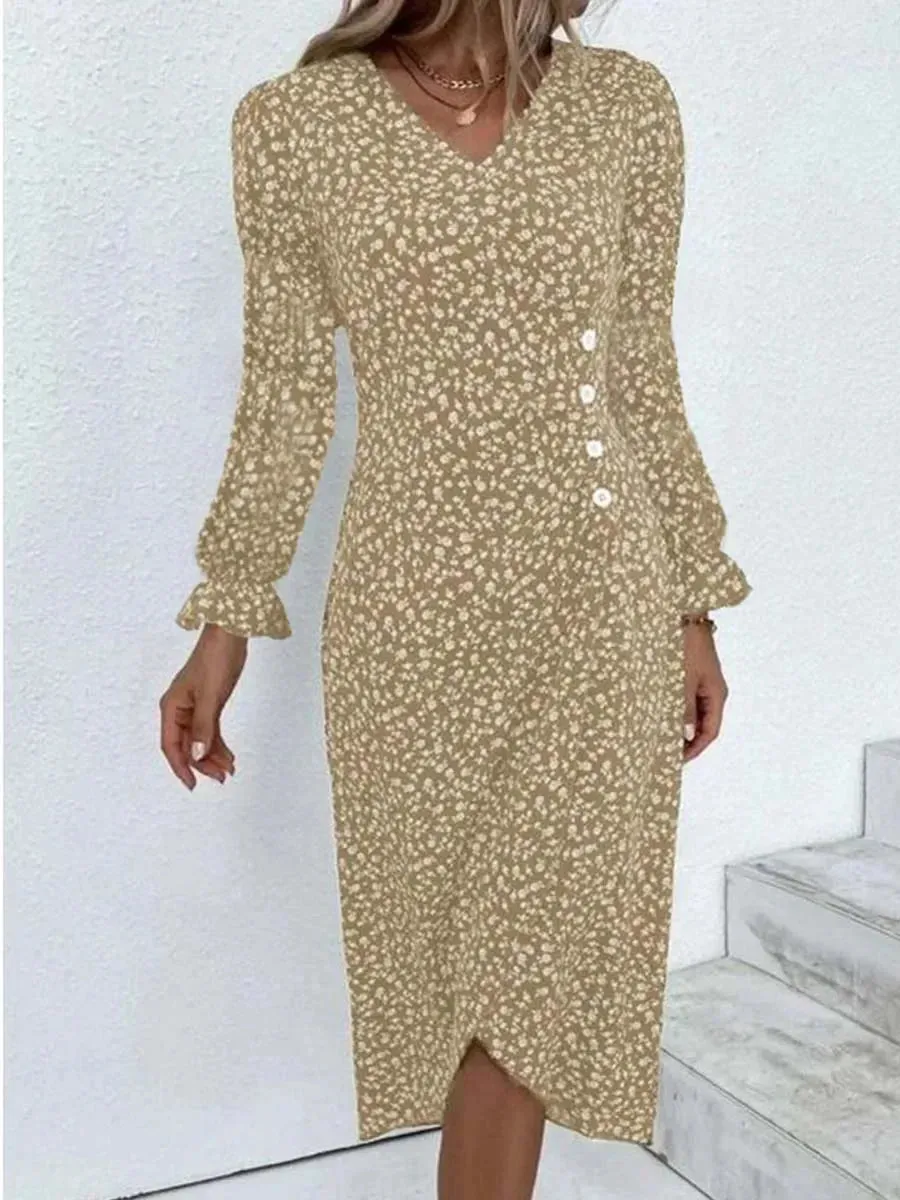 2023 Autumn Floral Bodycon Midi Dress For Women V Neck Long Sleeve Ruched Slim Fit Dresses Female Sexy Vestido Robe