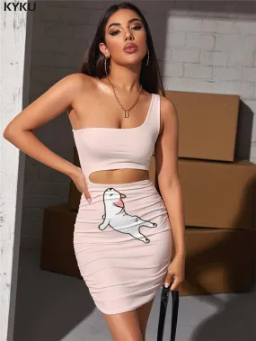 Animal Dress Women Dog 3d Print Lovely Halter Sleeveless Harajuku Bodycon Dress