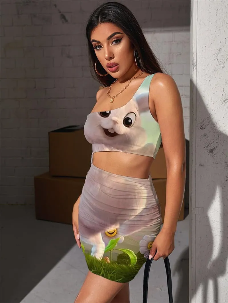 Animal Dresses Women Rabbit Halter Sleeveless Flower Vestido Sexy Lovely Bodycon Dress