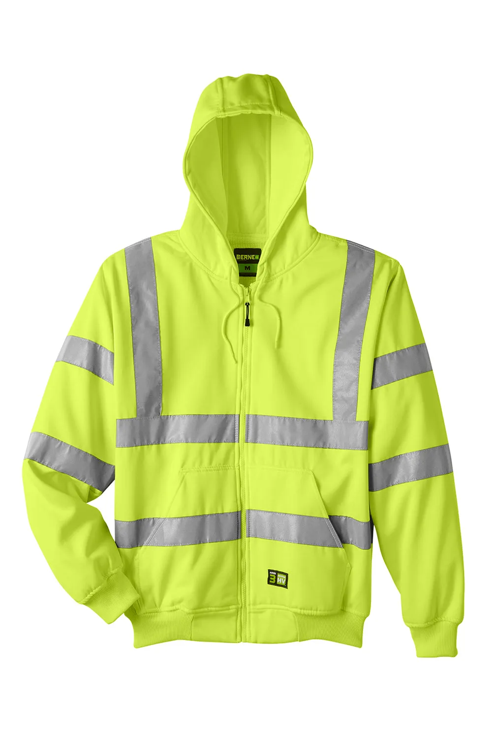 Berne Mens High Visibility Fleece Full Zip Hooded Sweatshirt Hoodie w/ Pockets - Safety Yellow