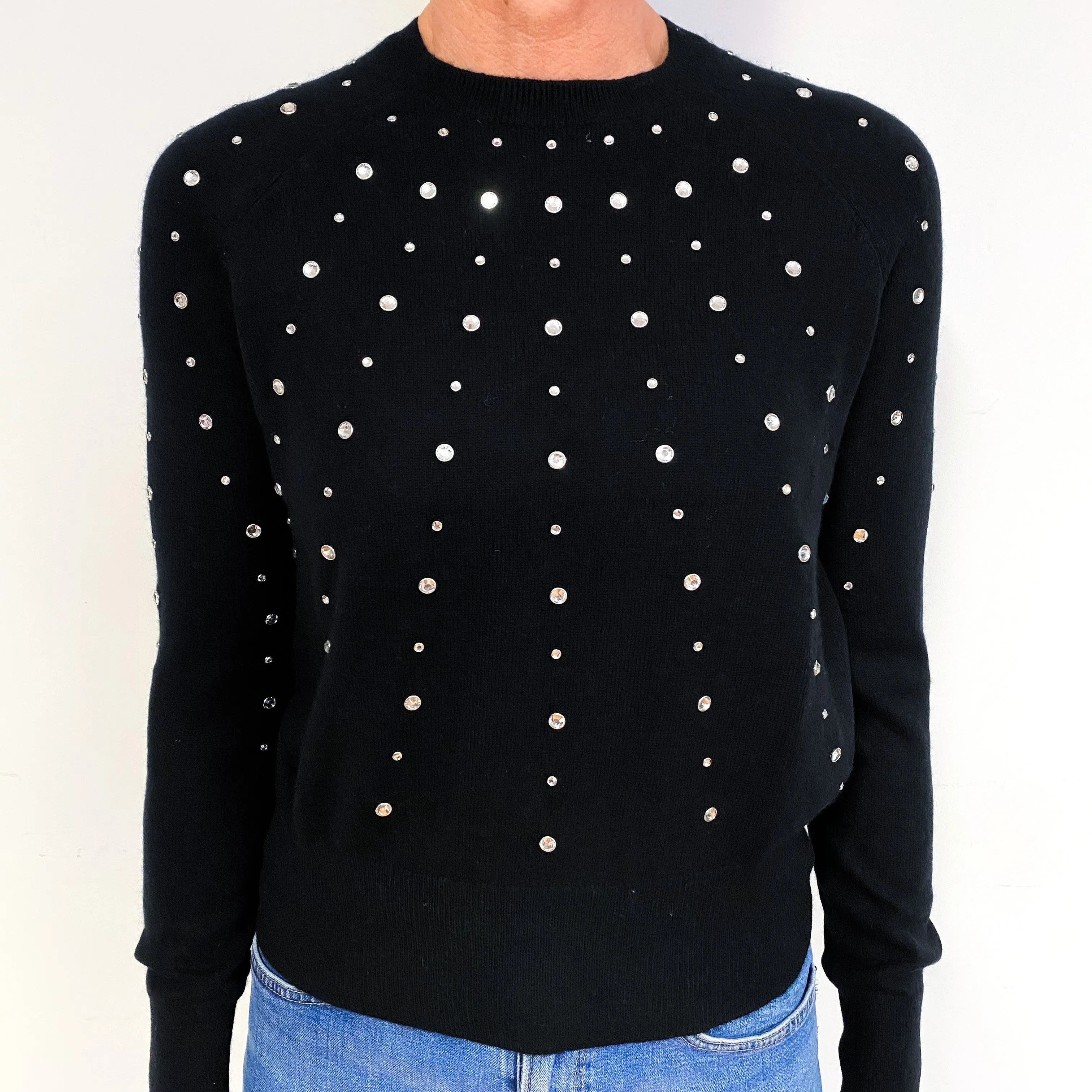 Black Diamanté Embellished Cashmere Crew Neck Jumper Medium