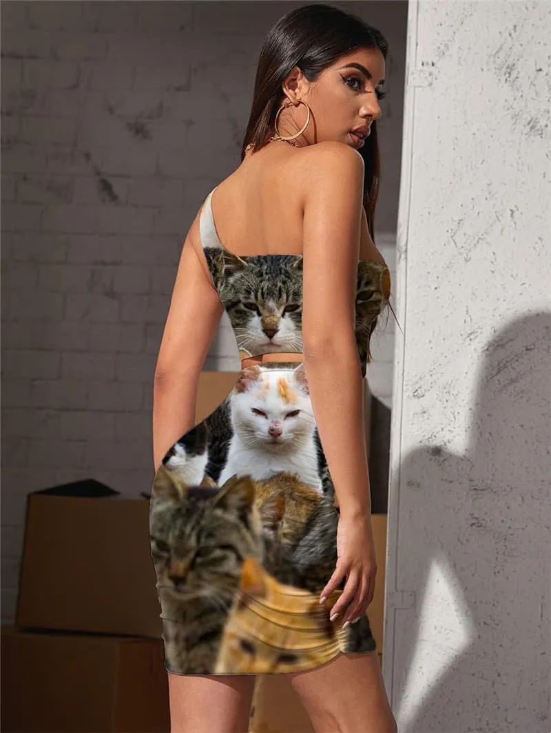 Cat Dress Women Animal Halter Sleeveless Home Pleating Lovely 3d Print Harajuku Bodycon Dress