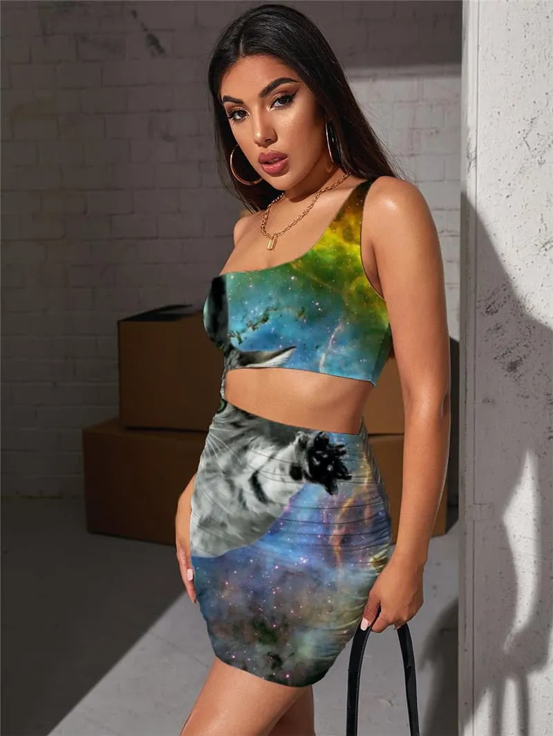 Cat Dress Women Animal Halter Sleeveless Nebula Pleating Galaxy Bodycon Dress