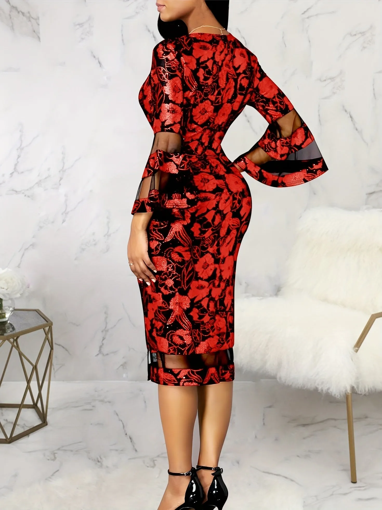 Elegant Fall/Winter Floral Pencil Dress: V-Neck, Bell Sleeves, Comfort Fit - Durable & Easy Care Women's Fashion