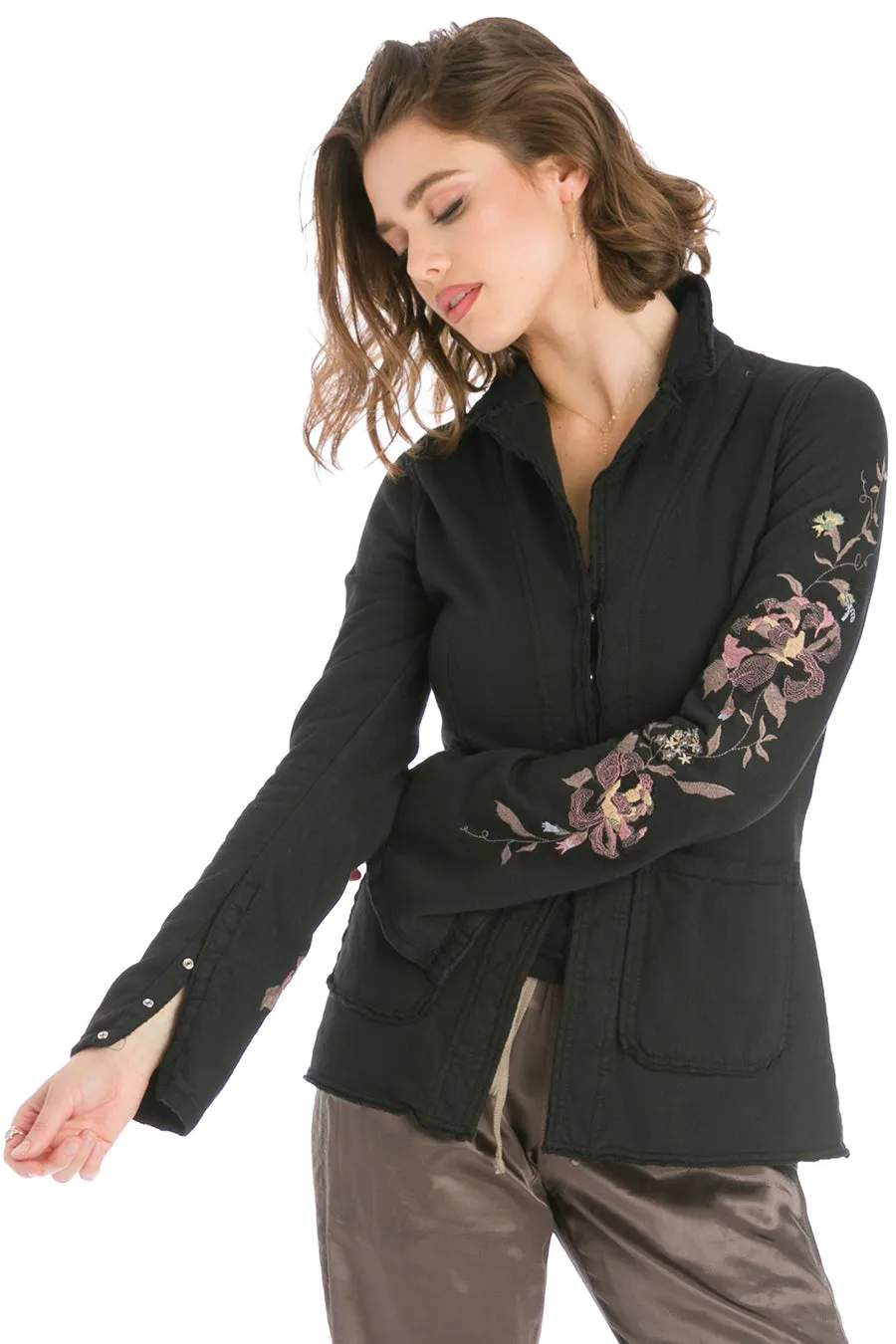 Embroidered Snap Front Fleece Blazer