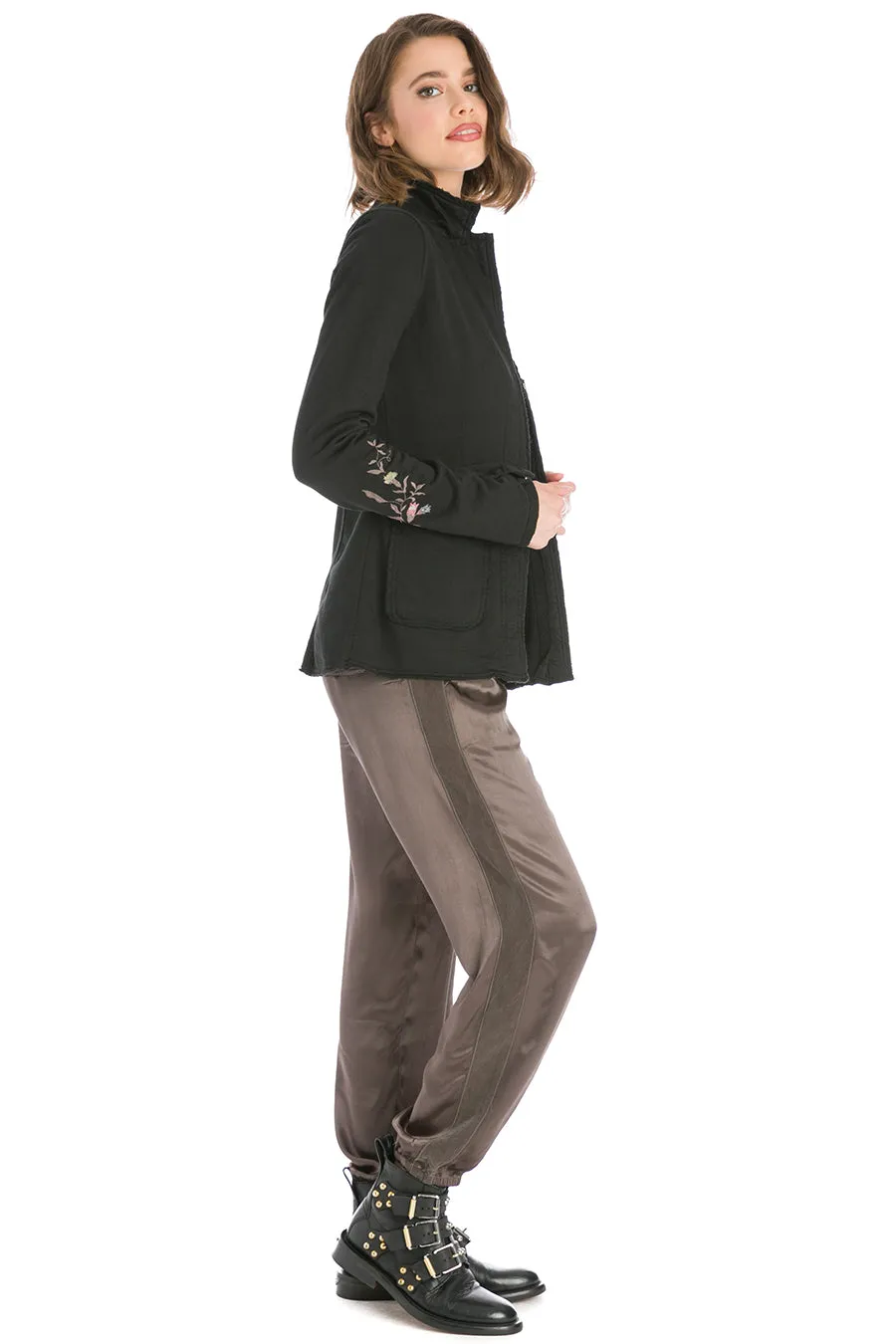 Embroidered Snap Front Fleece Blazer