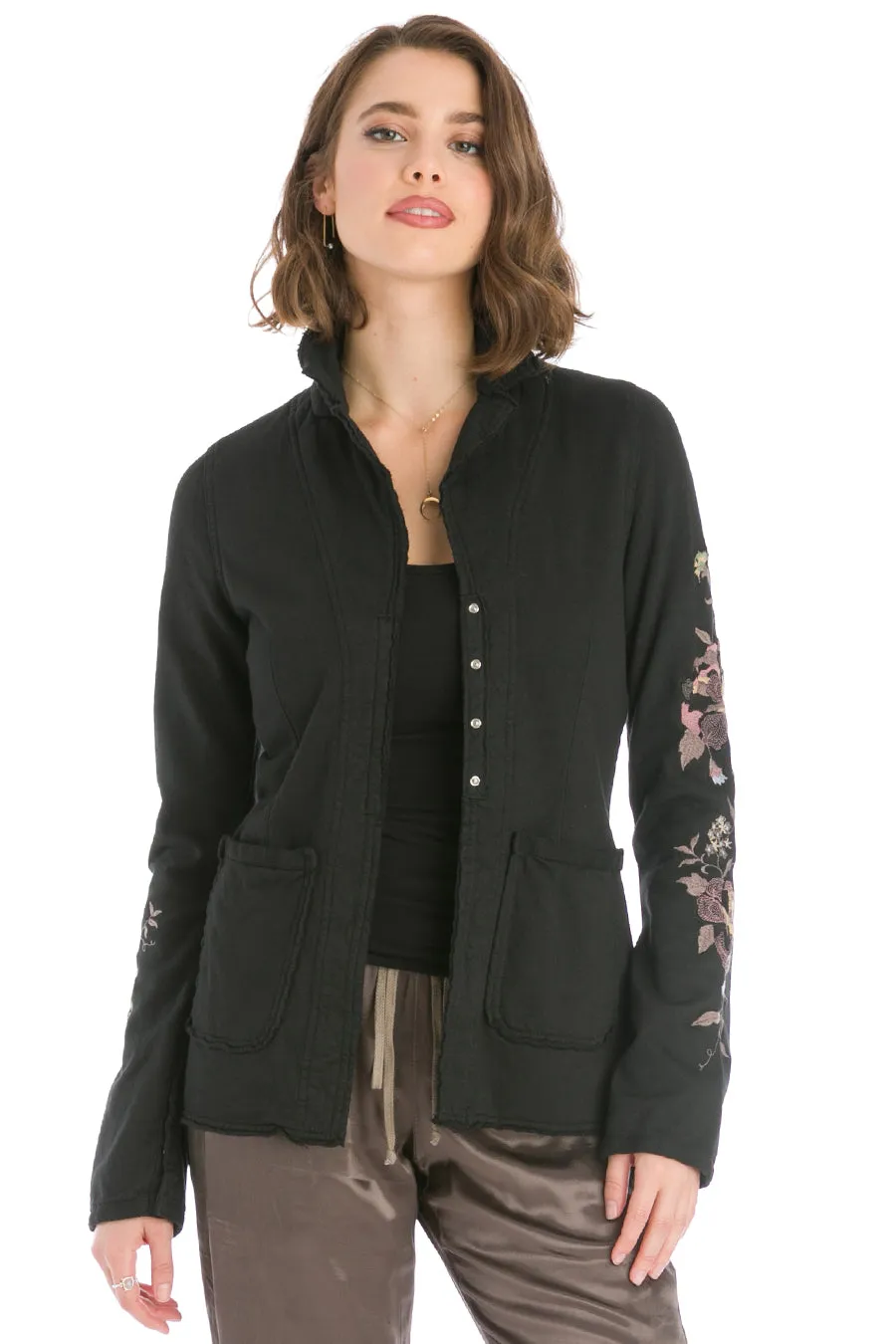 Embroidered Snap Front Fleece Blazer