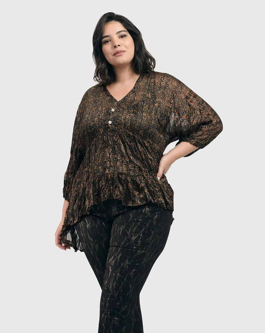 Floral Tiered Crinkle Blouse, Coffee/black