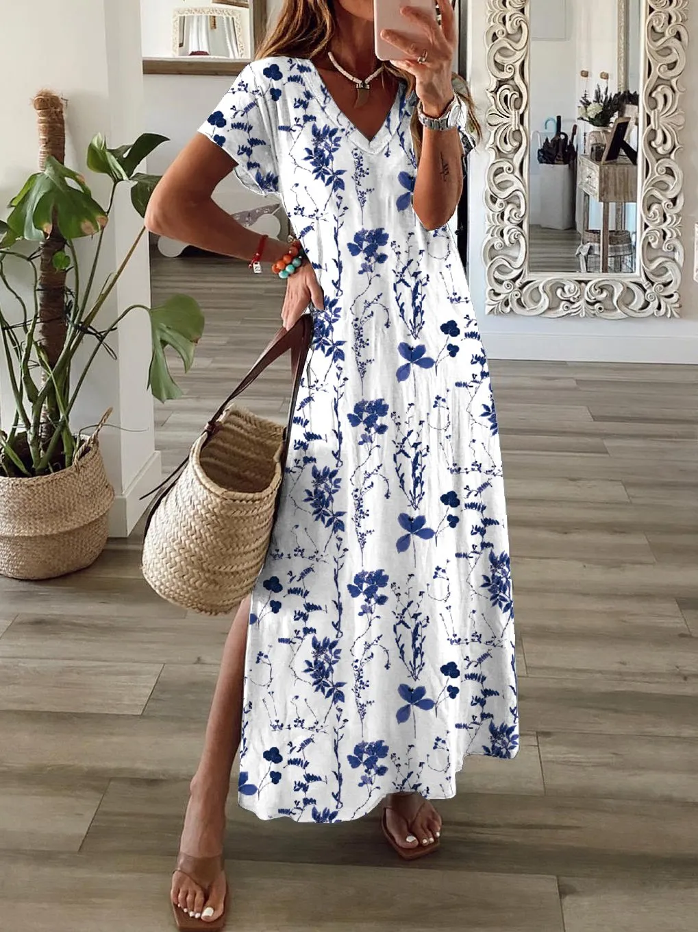 Flytonn-Black Friday Sale - Women's Shift Dress Short Maxi Dress Short Sleeve Floral Print Summer Fall V Neck Casual Geometric Printed Dress
