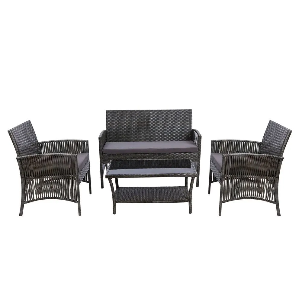 Gardeon Four Piece Outdoor Furniture Lounge Setting Wicker Dining Set Grey