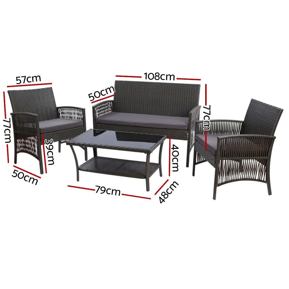 Gardeon Four Piece Outdoor Furniture Lounge Setting Wicker Dining Set Grey