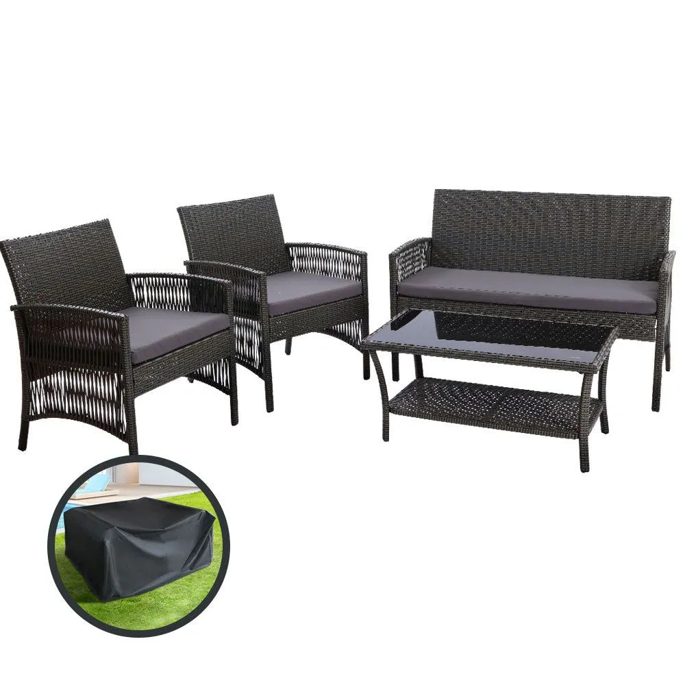 Gardeon Four Piece Outdoor Furniture Lounge Setting Wicker Dining Set Grey