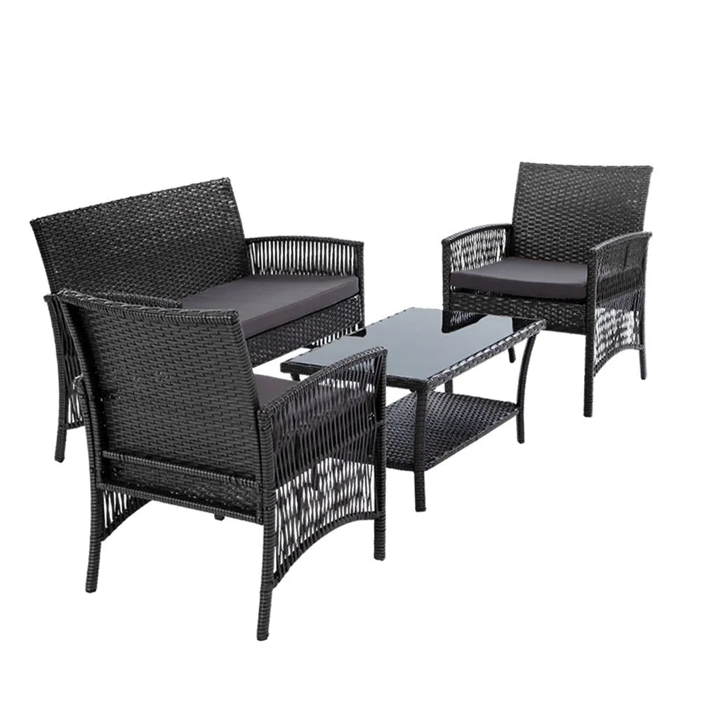 Gardeon Four Piece Outdoor Furniture Lounge Setting Wicker Dining Set Grey