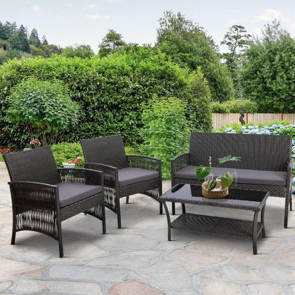 Gardeon Four Piece Outdoor Furniture Lounge Setting Wicker Dining Set Grey
