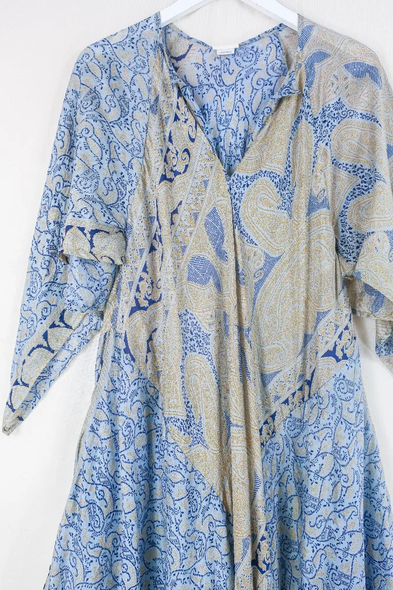 Goddess Dress - Pale Sky Blue & Yellow Paisley - Indian Pure Silk Sari - Free Size