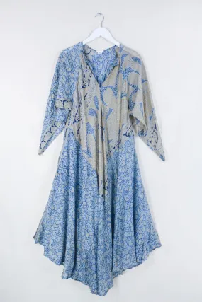 Goddess Dress - Pale Sky Blue & Yellow Paisley - Indian Pure Silk Sari - Free Size