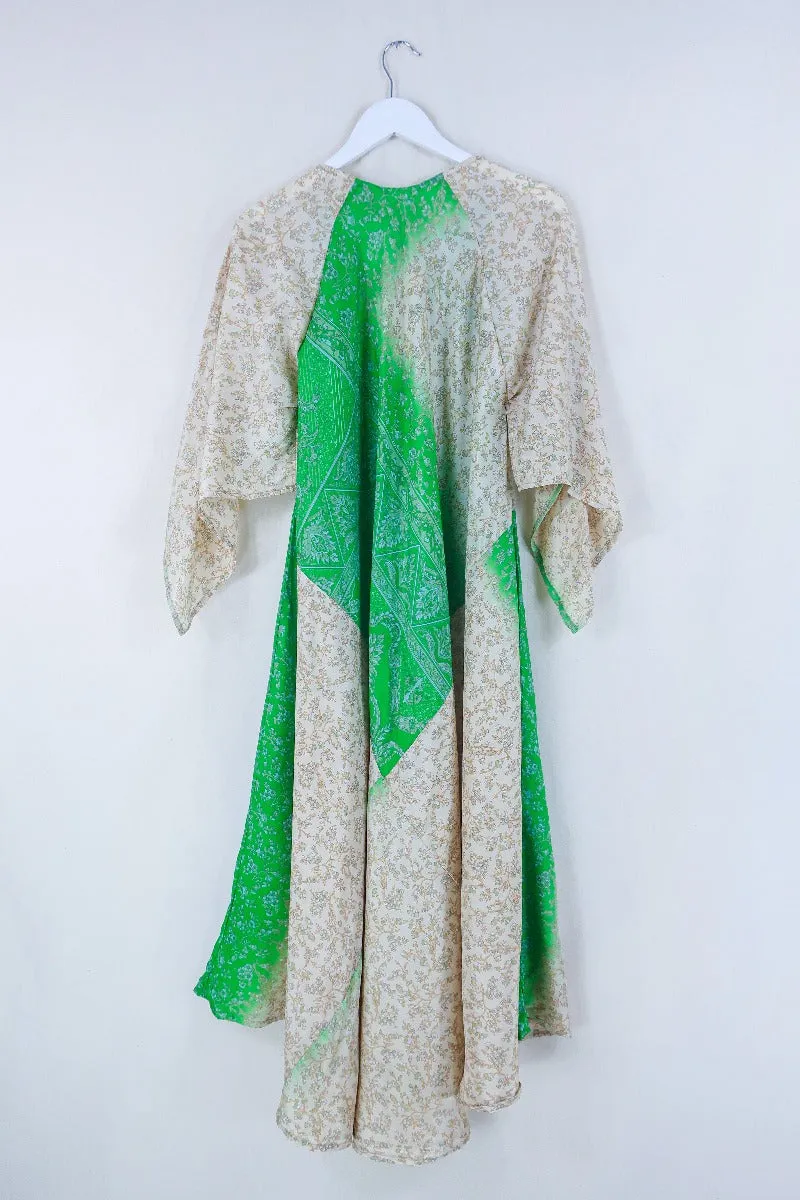Goddess Dress - Parakeet and Taupe Cornucopia  - Indian Pure Silk Sari - Free Size