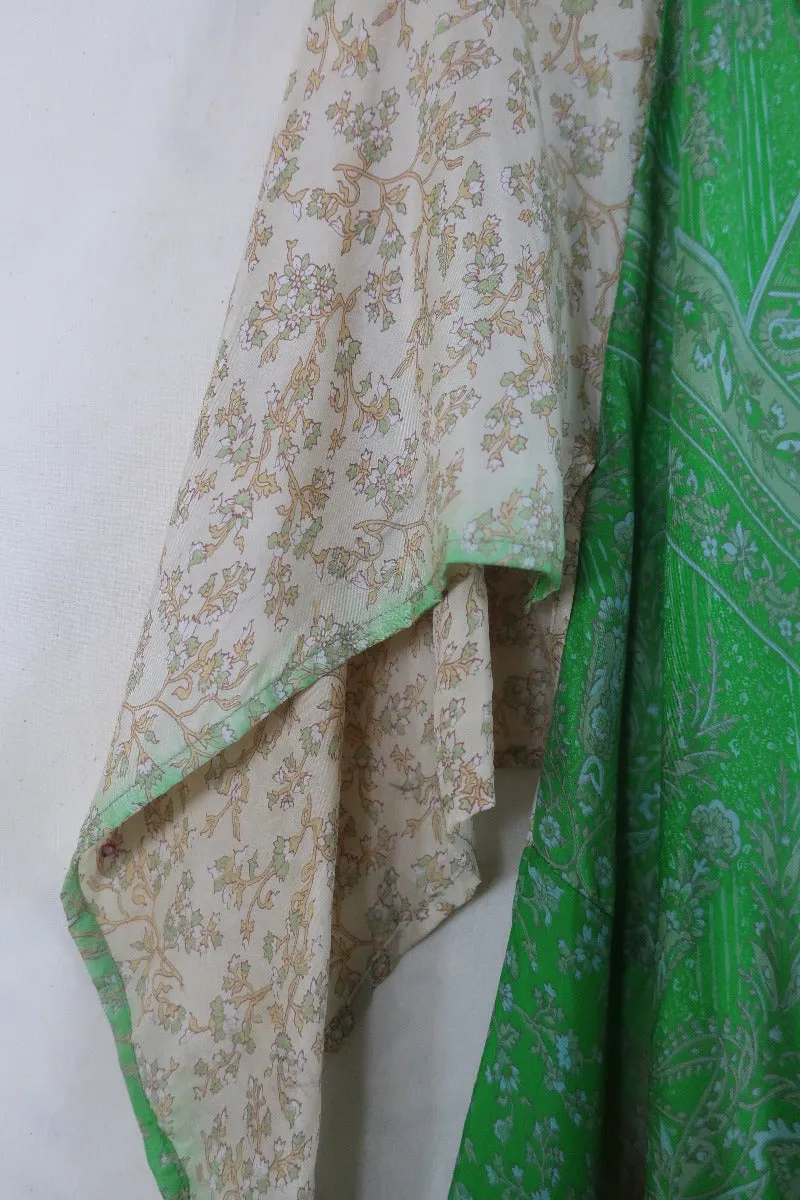Goddess Dress - Parakeet and Taupe Cornucopia  - Indian Pure Silk Sari - Free Size