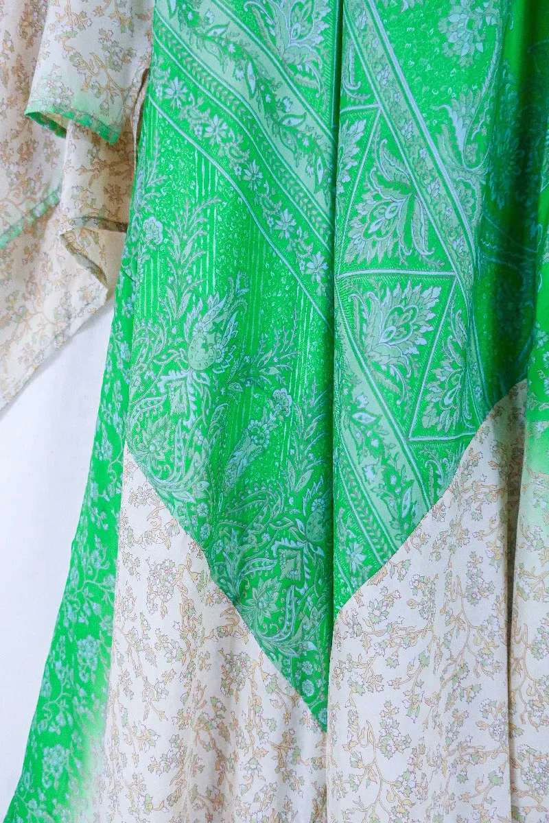 Goddess Dress - Parakeet and Taupe Cornucopia  - Indian Pure Silk Sari - Free Size