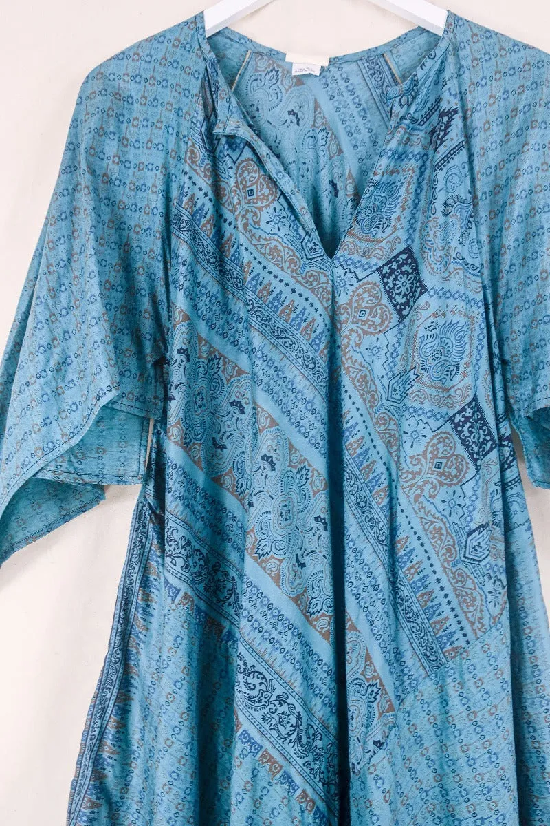 Goddess Dress - Silvery Blue & Black Block Print - Indian Pure Silk Sari - Free Size