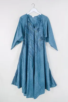 Goddess Dress - Silvery Blue & Black Block Print - Indian Pure Silk Sari - Free Size