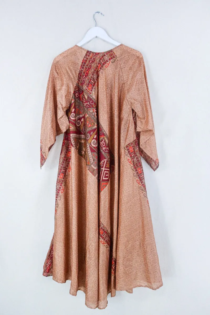 Goddess Dress - Soft Apricot Orange & Garnet - Indian Pure Silk Sari - Free Size