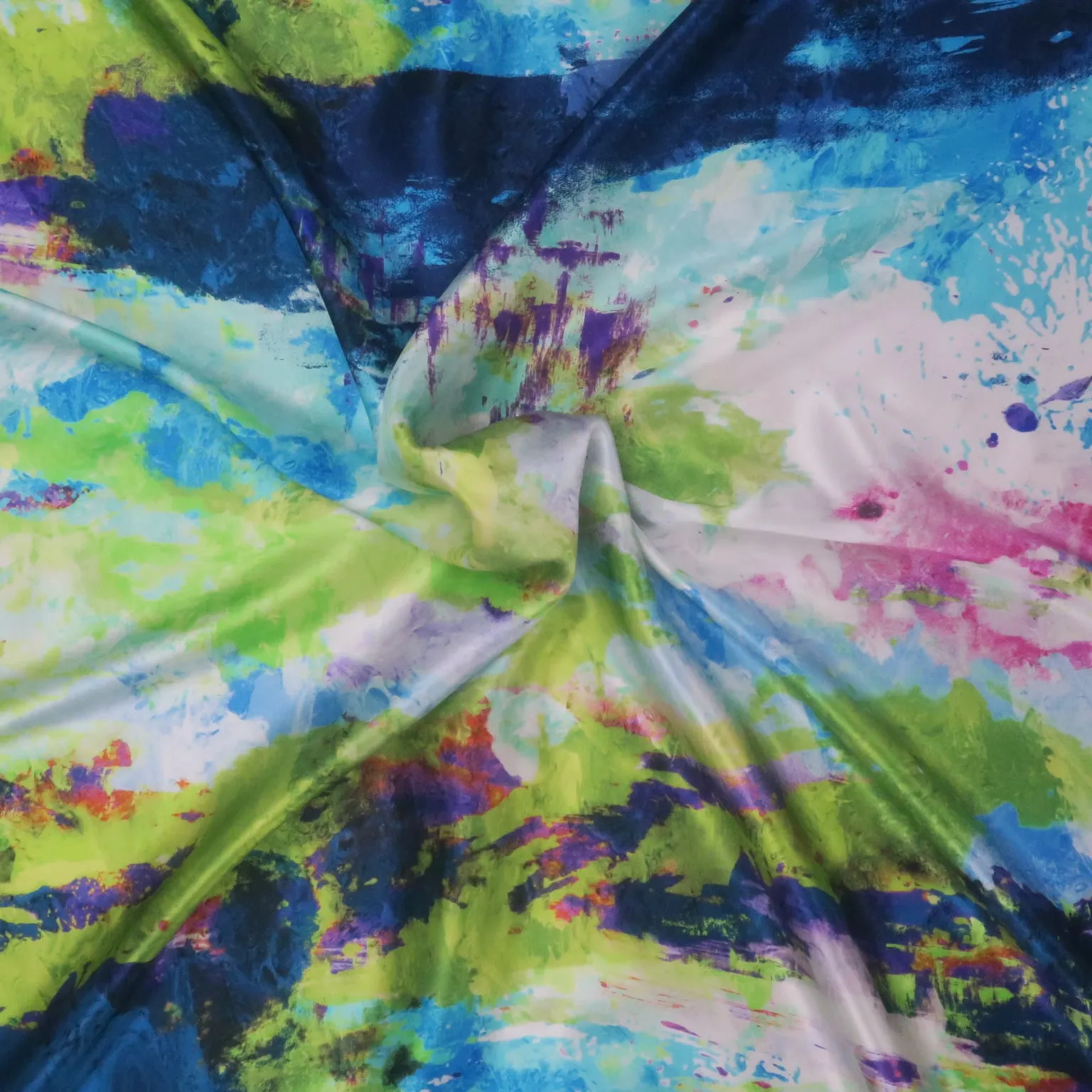 Green Blue and Teal Paint Splatters Printed Silk Charmeuse Fabric