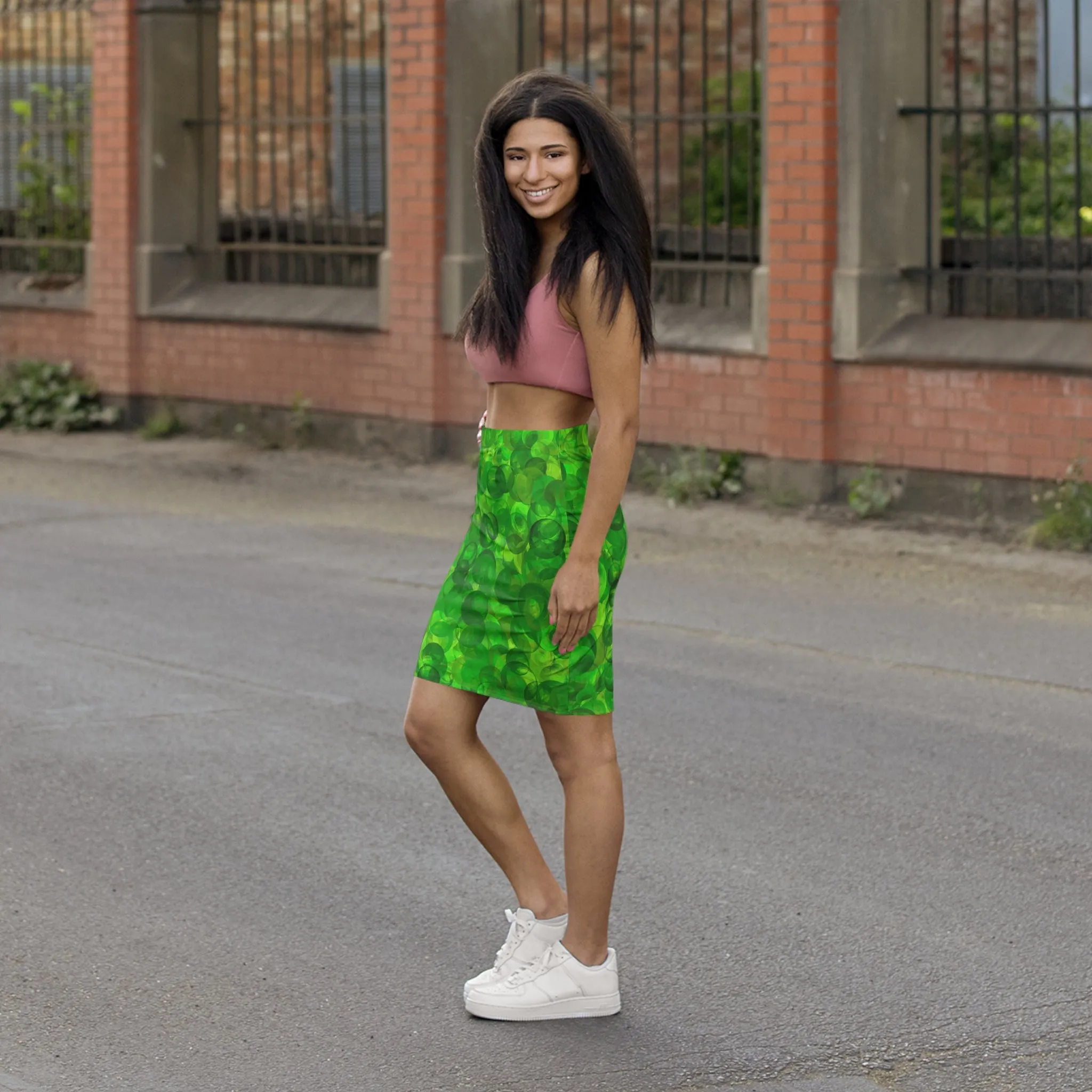 Green Bubbles, Women's Mid-Waist Pencil Skirt (AOP)