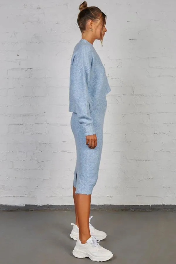 Late Lunch Pencil Skirt - Midi Fuzzy Knit - Blue