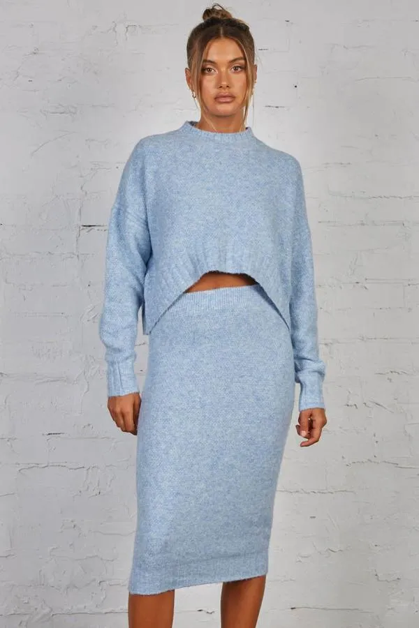 Late Lunch Pencil Skirt - Midi Fuzzy Knit - Blue