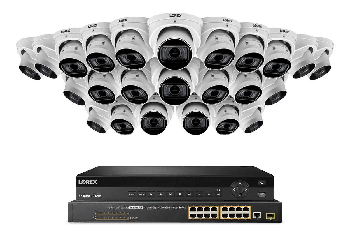 Lorex 4K (32 Camera Capable) 8TB Wired NVR System with Nocturnal 4 Smart IP Dome Cameras Featuring Motorized Varifocal Lens, Listen-In Audio and 30FPS Recording