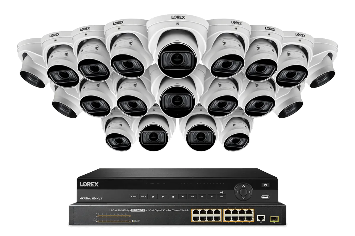 Lorex 4K (32 Camera Capable) 8TB Wired NVR System with Nocturnal 4 Smart IP Dome Cameras Featuring Motorized Varifocal Lens, Listen-In Audio and 30FPS Recording