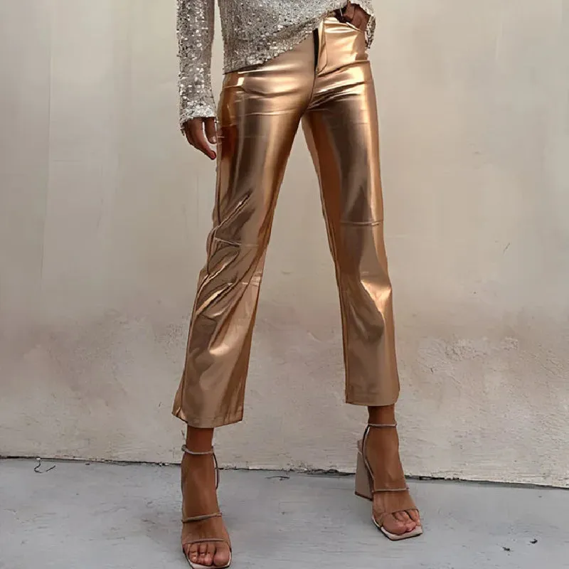 Metallic bright classy high rise straight trousers