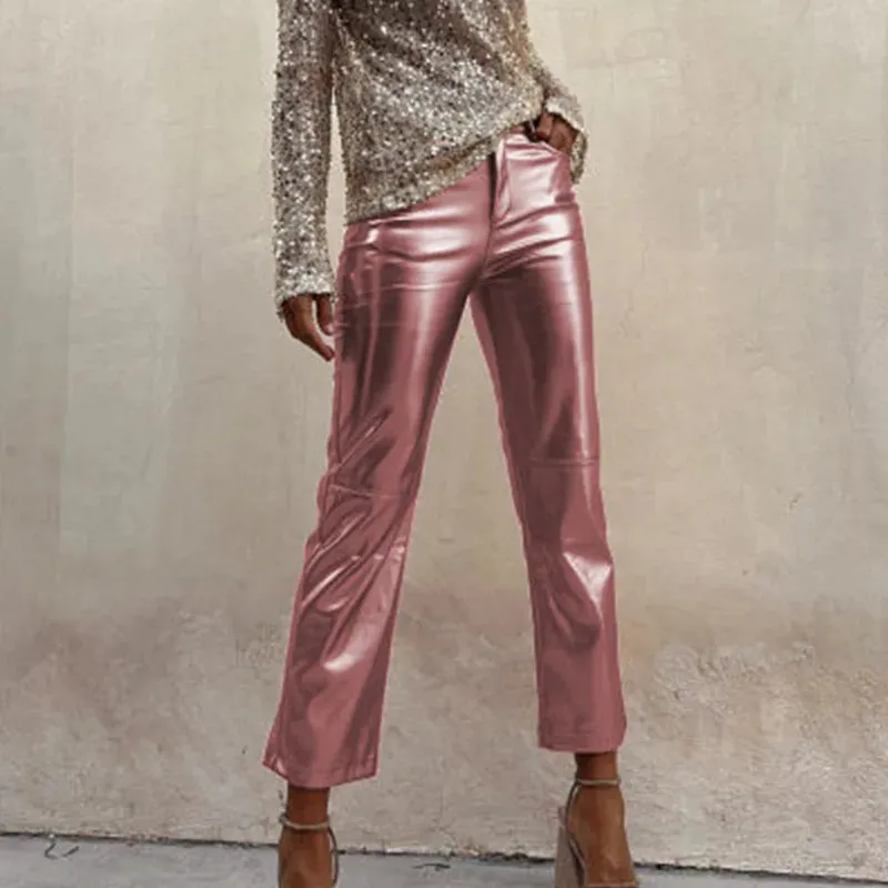 Metallic bright classy high rise straight trousers