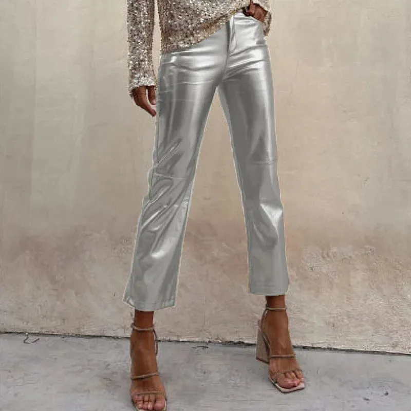 Metallic bright classy high rise straight trousers