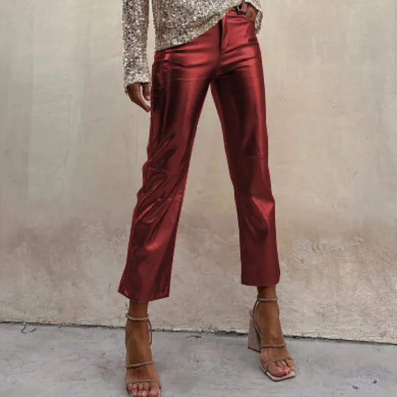 Metallic bright classy high rise straight trousers