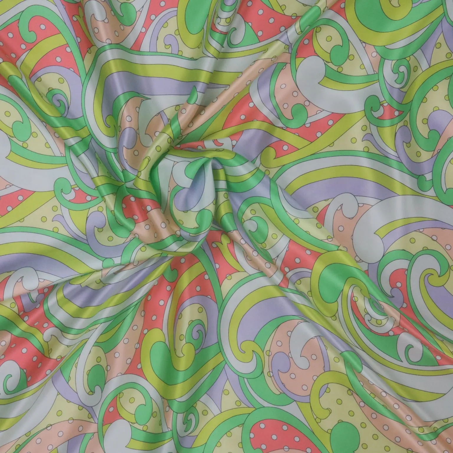 Neon Green and Mint Shapes and Polka Dots Printed Silk Charmeuse Fabric