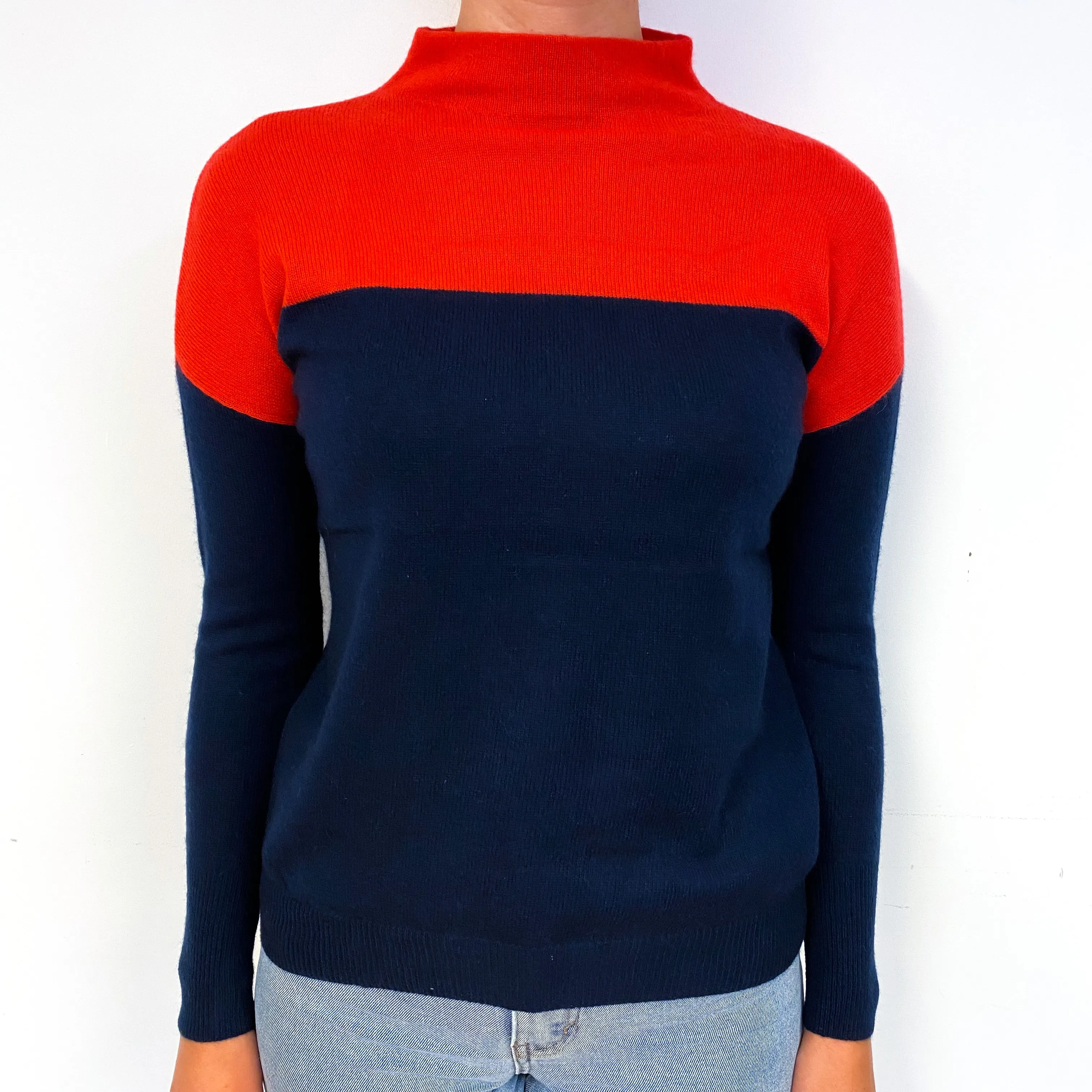 Red Blue Colour Block Cashmere Turtle Neck Jumper Small