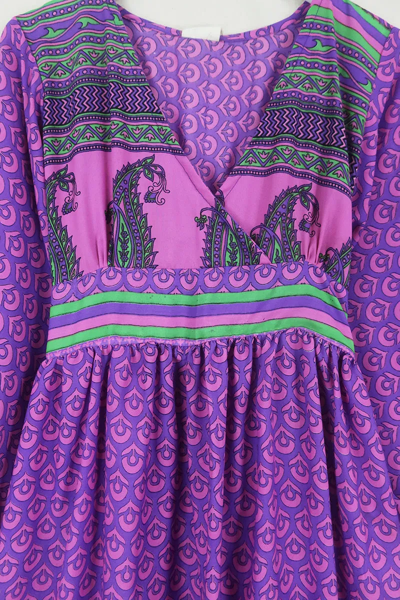 Rosemary Maxi Dress - Vintage Indian Sari - Fuchsia & Sapphire Flower Motif - Size XS/S