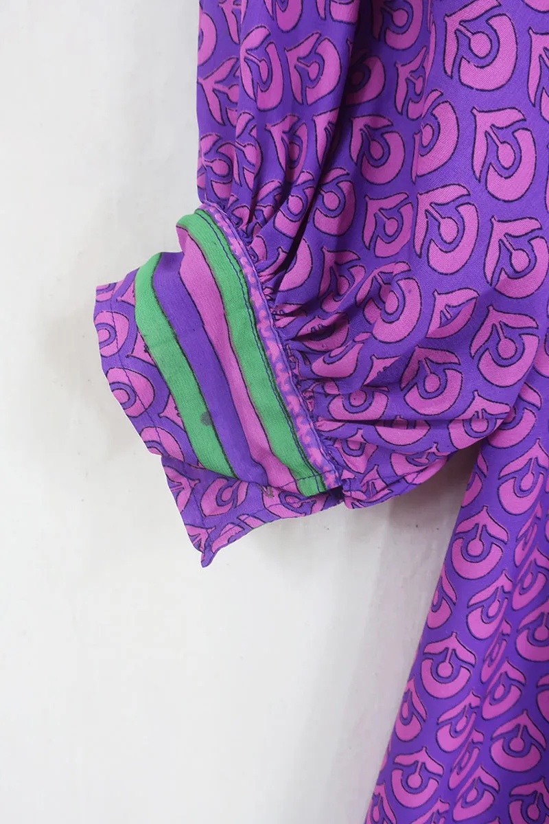 Rosemary Maxi Dress - Vintage Indian Sari - Fuchsia & Sapphire Flower Motif - Size XS/S
